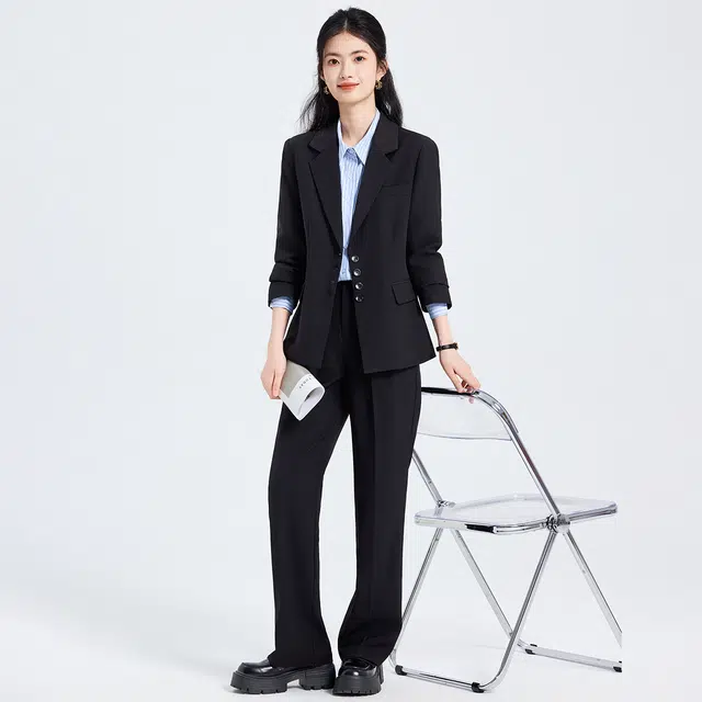 唐娜姿兰 高端修身气质单排扣时尚通勤长袖上衣长裤西装套装 女款 黑色