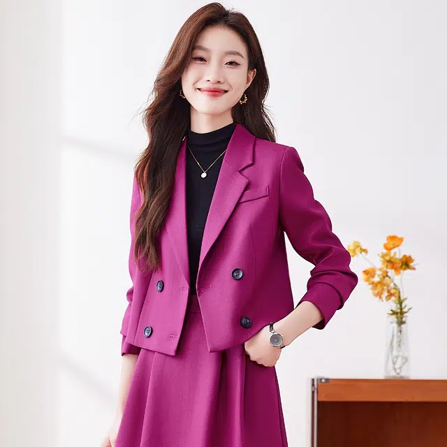 唐娜姿兰 双排扣舒适简约上衣中腰修身纯色半身裙西装套装 女款