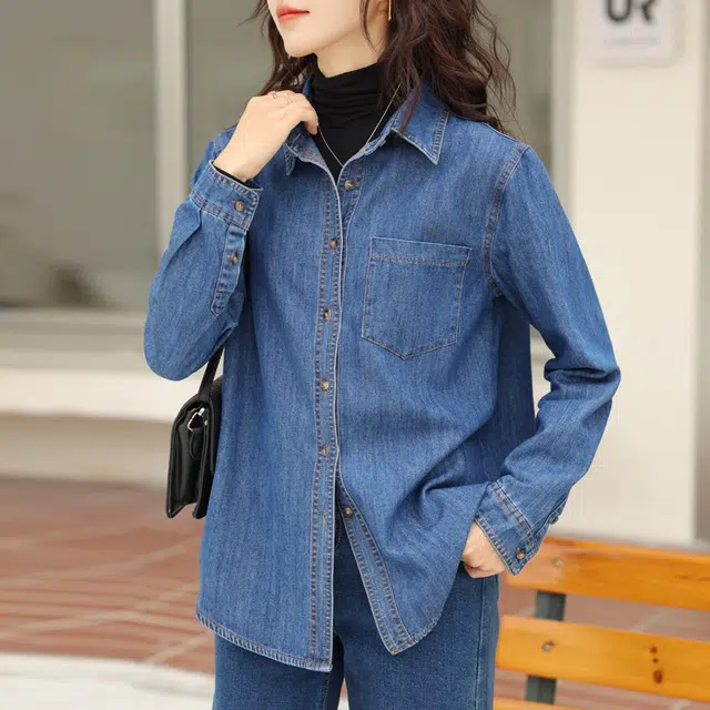 唐娜姿兰 复古纯色尖领单排多扣长袖衬衫 女款 蓝色