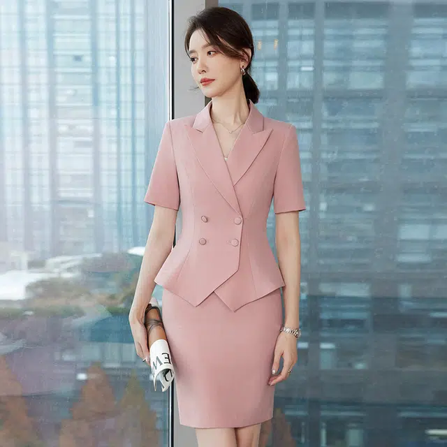 唐娜姿兰 正装职业双排扣通勤工作服短袖裙装套装 女款