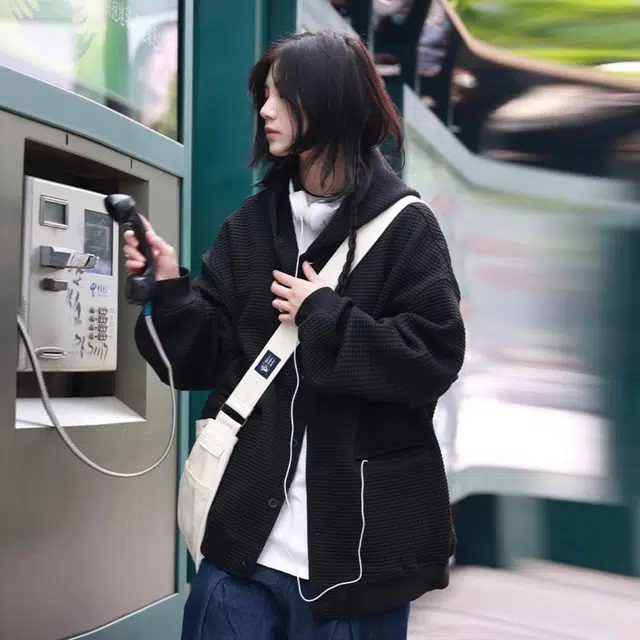 寻星记 华夫格慵懒风美式日系复古连帽开衫宽松百搭舒适外套卫衣 男女同款