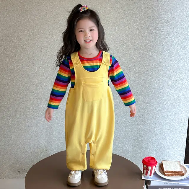 童森童马休闲运动套装 可爱洋气女童条纹舒适 黄色（套装） 中小童