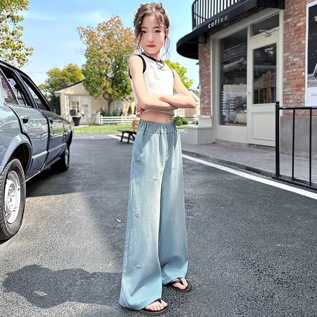 童森童马牛仔裤 百搭亲肤洋气纯色 奶蓝色 儿童款