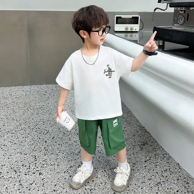 童森童马休闲运动套装 舒适潮流洋气百搭 套装（白色上装+绿色下装） 中小童