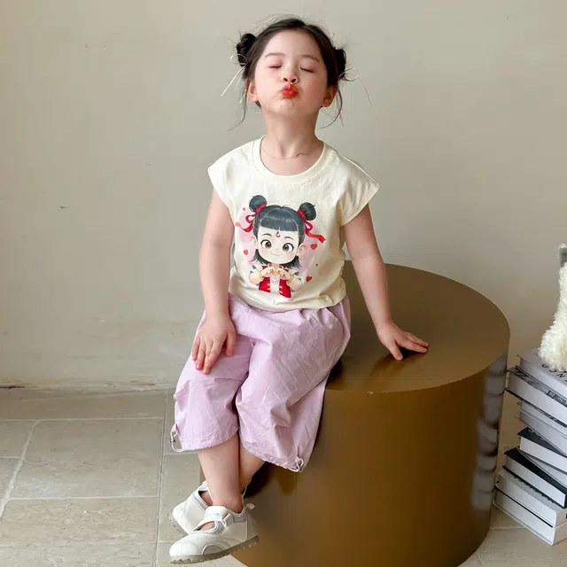 童森童马休闲运动套装 洋气亲肤百搭潮流 套装（米白色上装+紫粉色下装） 中小童