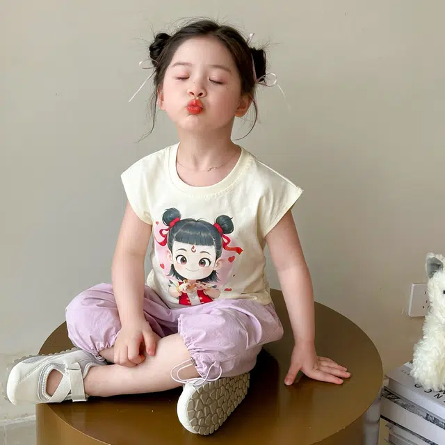 童森童马休闲运动套装 洋气亲肤百搭潮流 套装（米白色上装+紫粉色下装） 中小童