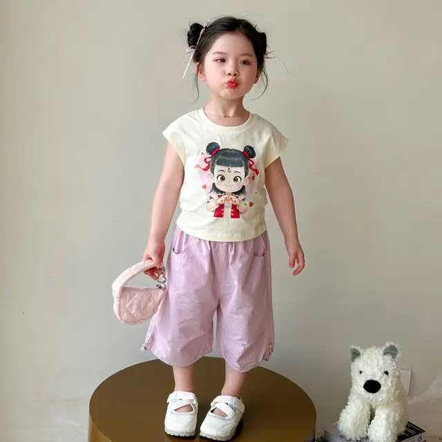 童森童马休闲运动套装 洋气亲肤百搭潮流 套装（米白色上装+紫粉色下装） 中小童