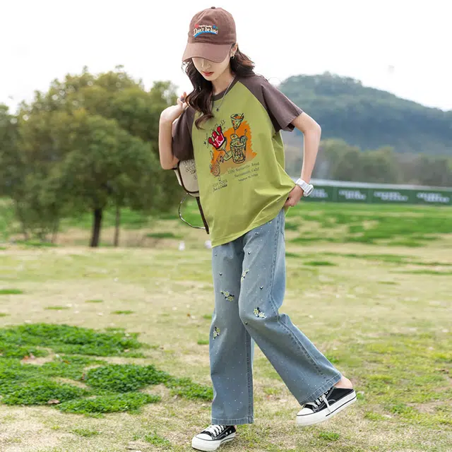 童森童马牛仔裤 宽松舒适休闲时尚百搭潮款夏季女童透气绣花直筒裤 牛仔蓝 青少年