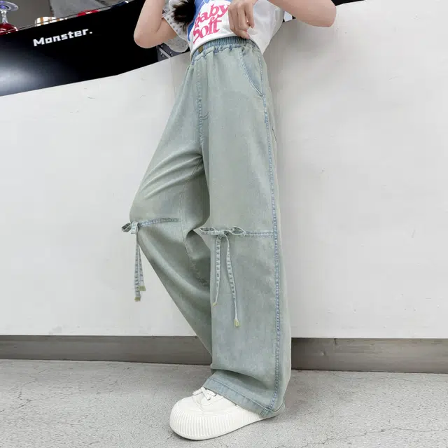 童森童马牛仔裤 宽松舒适休闲时尚百搭简约潮款夏季透气拼接长裤 浅蓝色 青少年