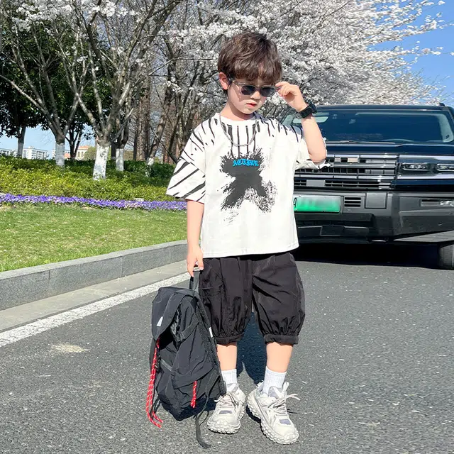 童森童马休闲运动套装 潮流百搭舒适 套装（白色上装+黑色下装） 中小童