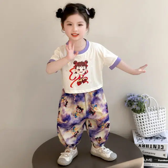 童森童马休闲运动套装 百搭亲肤简约洋气 套装（白色上装+紫色下装） 中小童