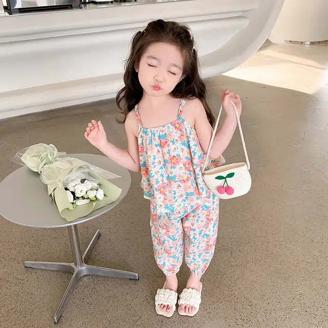 童森童马休闲运动套装 柔软舒适甜美可爱碎花 粉色 中小童