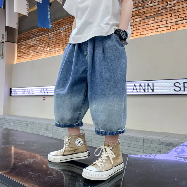 童森童马牛仔裤 百搭亲肤纯色洋气七分 渐变蓝 儿童款