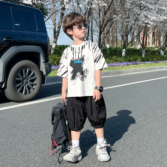 童森童马休闲运动套装 潮流百搭舒适 套装（白色上装+黑色下装） 中小童