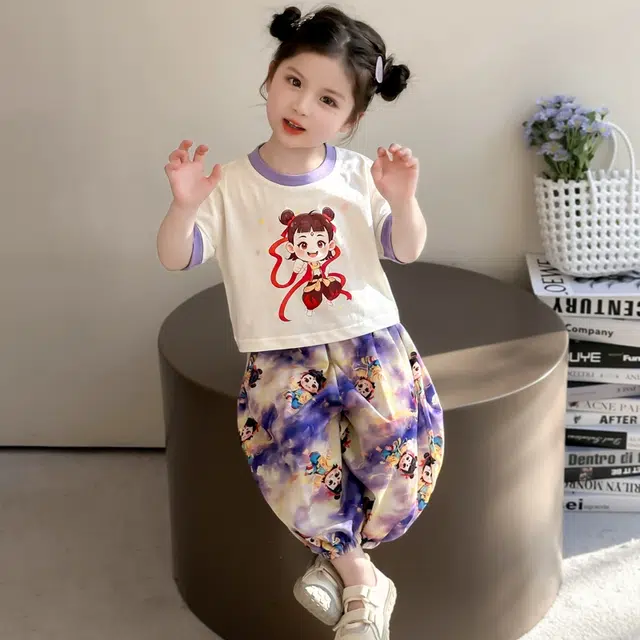童森童马休闲运动套装 百搭亲肤简约洋气 套装（白色上装+紫色下装） 中小童