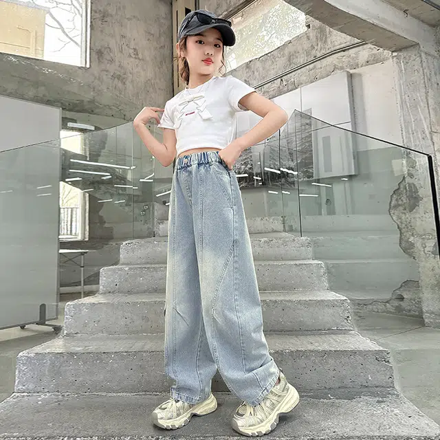 童森童马牛仔裤 宽松舒适休闲时尚百搭潮流夏款透气弯刀裤 浅蓝色 青少年