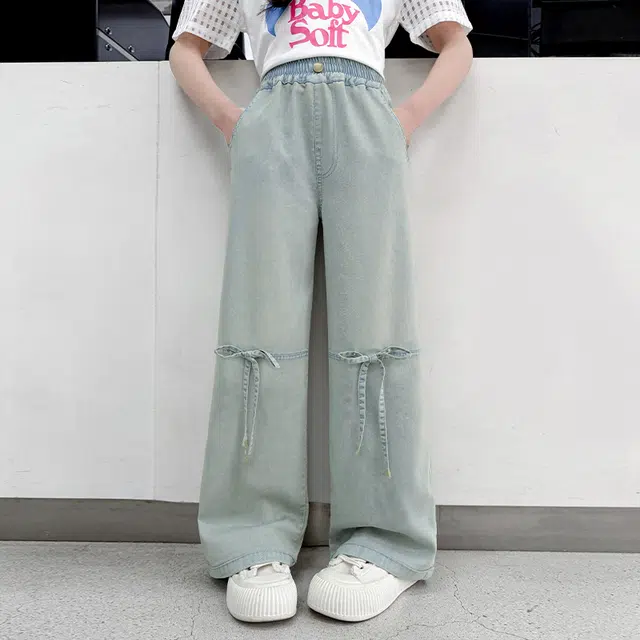 童森童马牛仔裤 宽松舒适休闲时尚百搭简约潮款夏季透气拼接长裤 浅蓝色 青少年