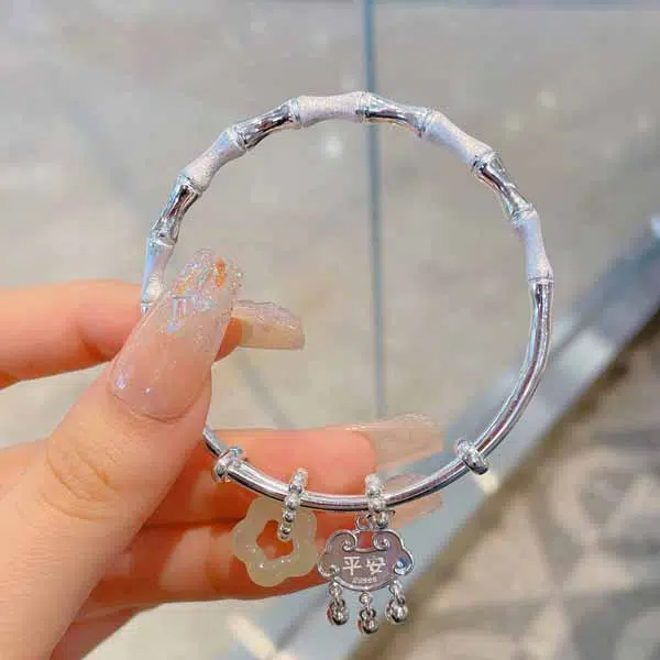 瑞诺 竹节平安锁节节高升推拉蝴蝶铃铛时尚小众设计可调节新中式风镯子 足银 手镯 女款
