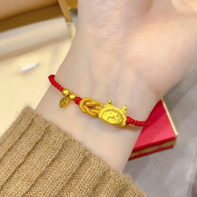 瑞诺 本命年十二生肖龙新中式红绳可调节 足金 一口价 黄金手链 女款