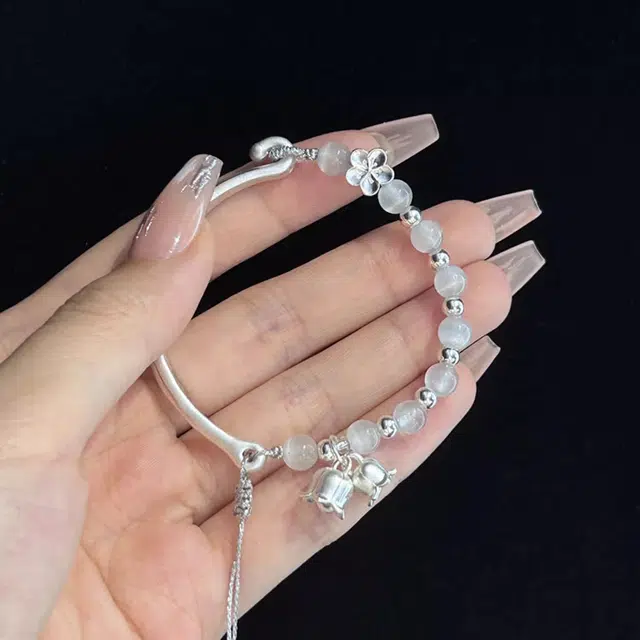 瑞诺 银铃兰花桃花猫眼珠新中式风编织尾链可调节时尚饰品 猫眼石 手链 女款