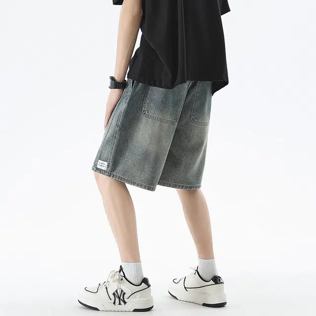 寻星记 美式高街潮流宽松水洗纯色五分裤多种设计元素融合牛仔短裤 男女同款