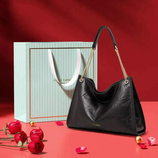 Pierre Cardin Vintage Chain Tote Bag Black Milk Tea