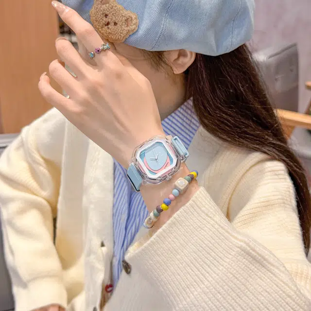 番米拉 多巴胺 石英机芯 硅胶表带 国表 女表 蓝色表盘