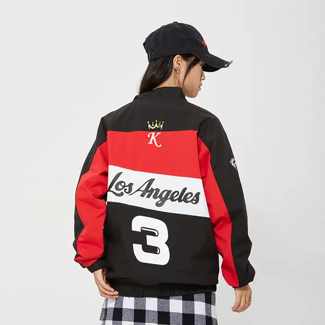 纳趣 美式机车风宽松休闲撞色字母印花赛车服夹克外套 男女同款