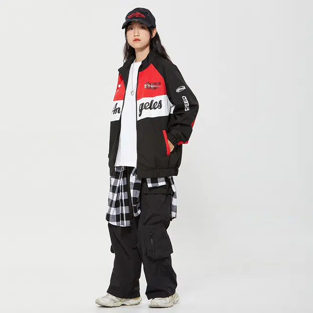 纳趣 美式机车风宽松休闲撞色字母印花赛车服夹克外套 男女同款