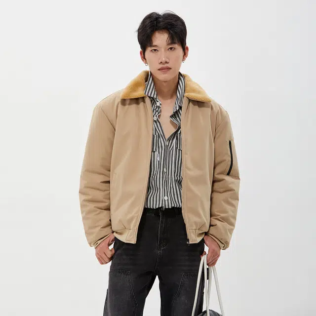 纳趣 美式复古基础款宽松休闲毛领棉服 男女同款