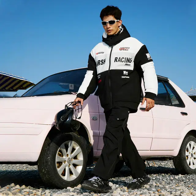 纳趣 美式复古防风宽松休闲机车赛车服连帽棉服 男女同款