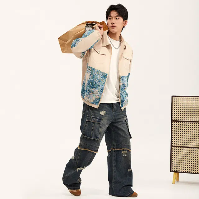 纳趣 国潮花卉提花休闲工装时尚西装领夹克外套 男女同款 卡其色