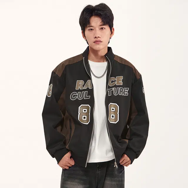 纳趣 美式复古街头痞帅时尚休闲字母数字立领宽松夹克外套 男女同款 黑色