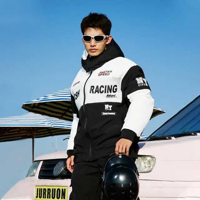 纳趣 美式复古防风宽松休闲机车赛车服连帽棉服 男女同款