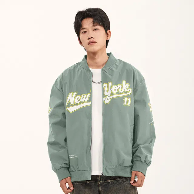 纳趣 美式复古嘻哈街头字母印花宽松百搭休闲棒球领夹克外套 男女同款