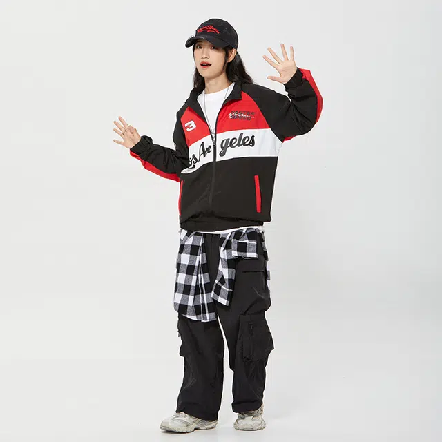 纳趣 美式机车风宽松休闲撞色字母印花赛车服夹克外套 男女同款