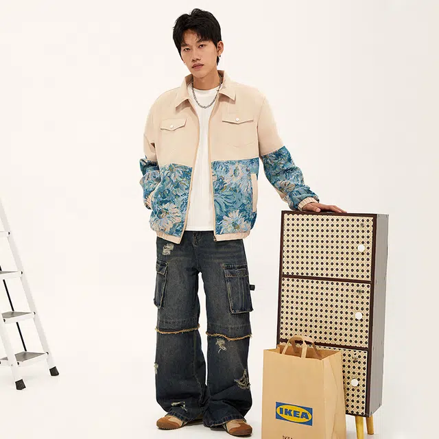 纳趣 国潮花卉提花休闲工装时尚西装领夹克外套 男女同款 卡其色
