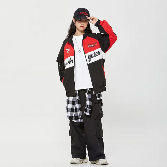 纳趣 美式机车风宽松休闲撞色字母印花赛车服夹克外套 男女同款