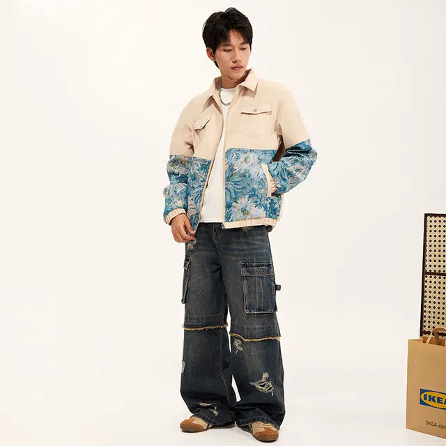 纳趣 国潮花卉提花休闲工装时尚西装领夹克外套 男女同款 卡其色