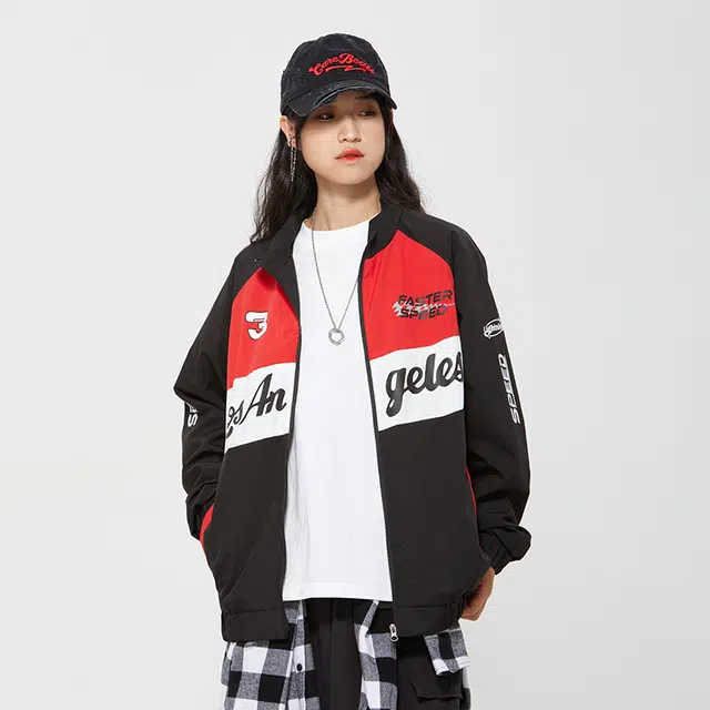 纳趣 美式机车风宽松休闲撞色字母印花赛车服夹克外套 男女同款