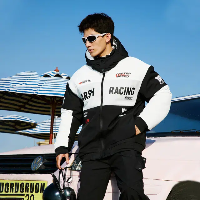 纳趣 美式复古防风宽松休闲机车赛车服连帽棉服 男女同款