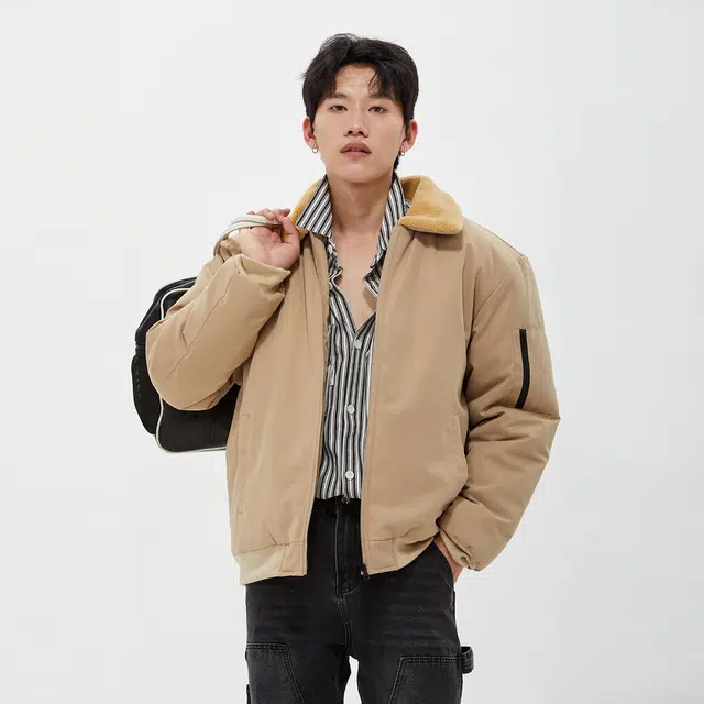 纳趣 美式复古基础款宽松休闲毛领棉服 男女同款