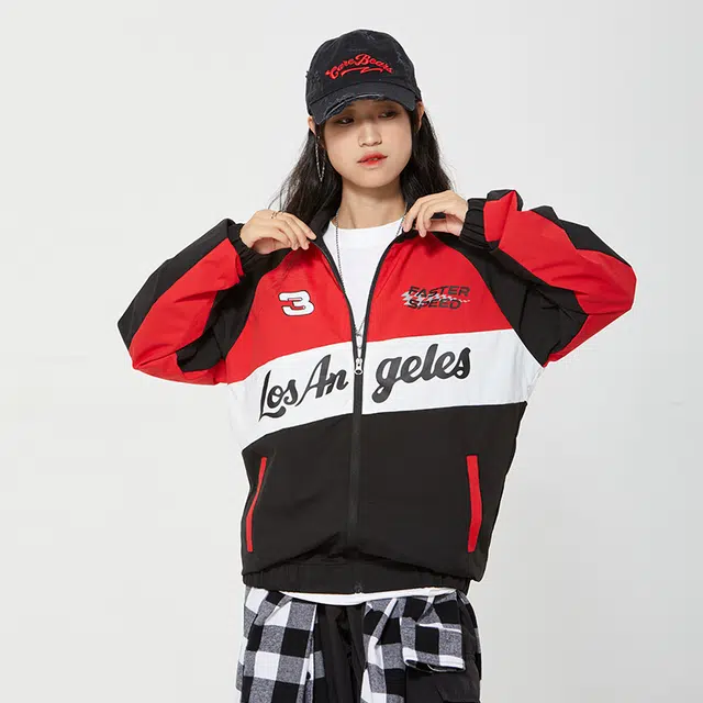 纳趣 美式机车风宽松休闲撞色字母印花赛车服夹克外套 男女同款