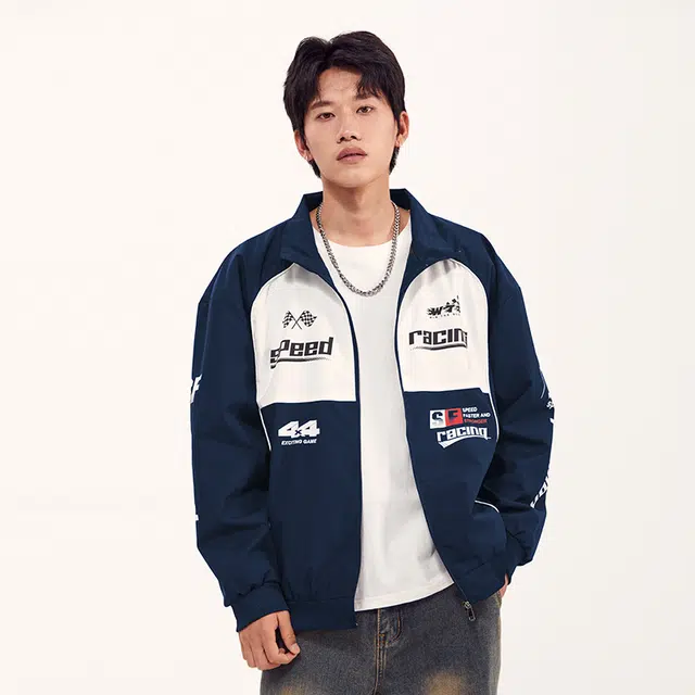 纳趣 美式复古街头立领拼接印花机车赛车休闲夹克外套 男女同款