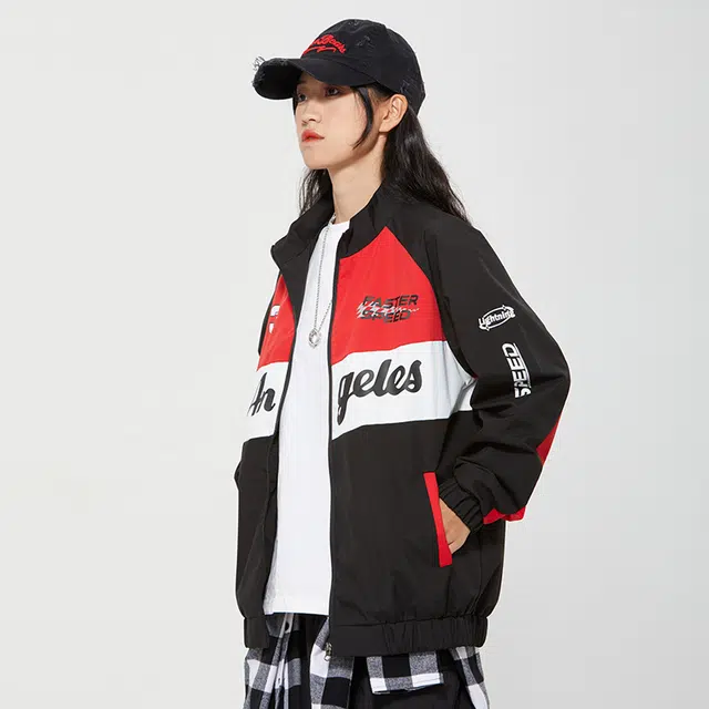 纳趣 美式机车风宽松休闲撞色字母印花赛车服夹克外套 男女同款