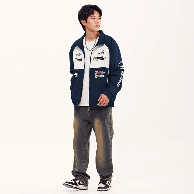 纳趣 美式复古街头立领拼接印花机车赛车休闲夹克外套 男女同款