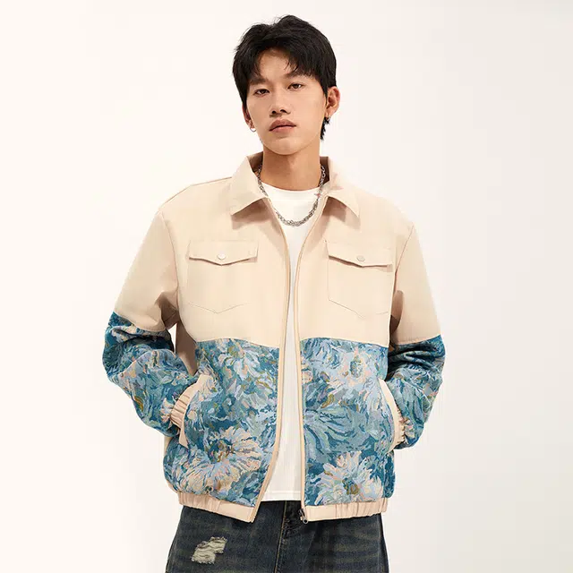 纳趣 国潮花卉提花休闲工装时尚西装领夹克外套 男女同款 卡其色