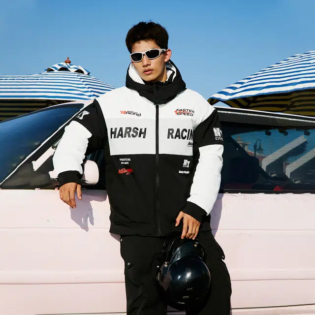 纳趣 美式复古防风宽松休闲机车赛车服连帽棉服 男女同款