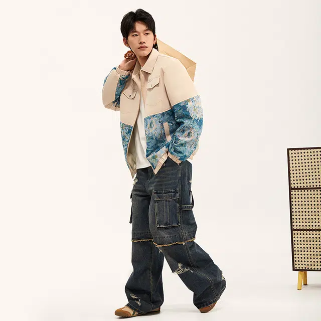 纳趣 国潮花卉提花休闲工装时尚西装领夹克外套 男女同款 卡其色