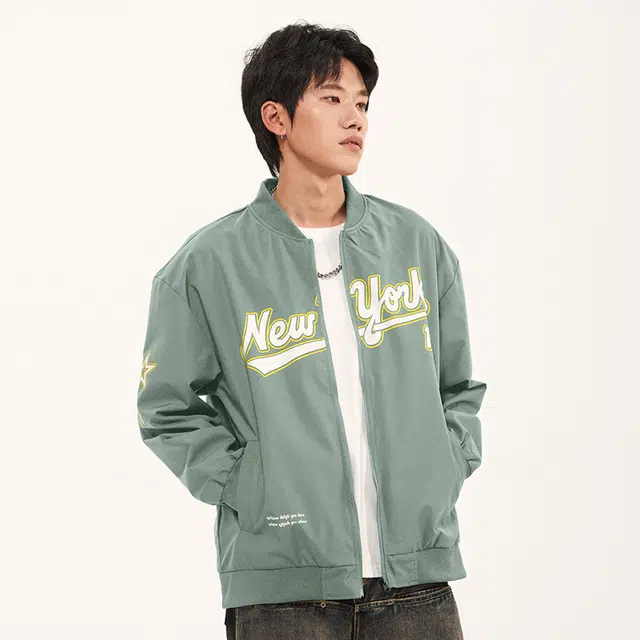 纳趣 美式复古嘻哈街头字母印花宽松百搭休闲棒球领夹克外套 男女同款
